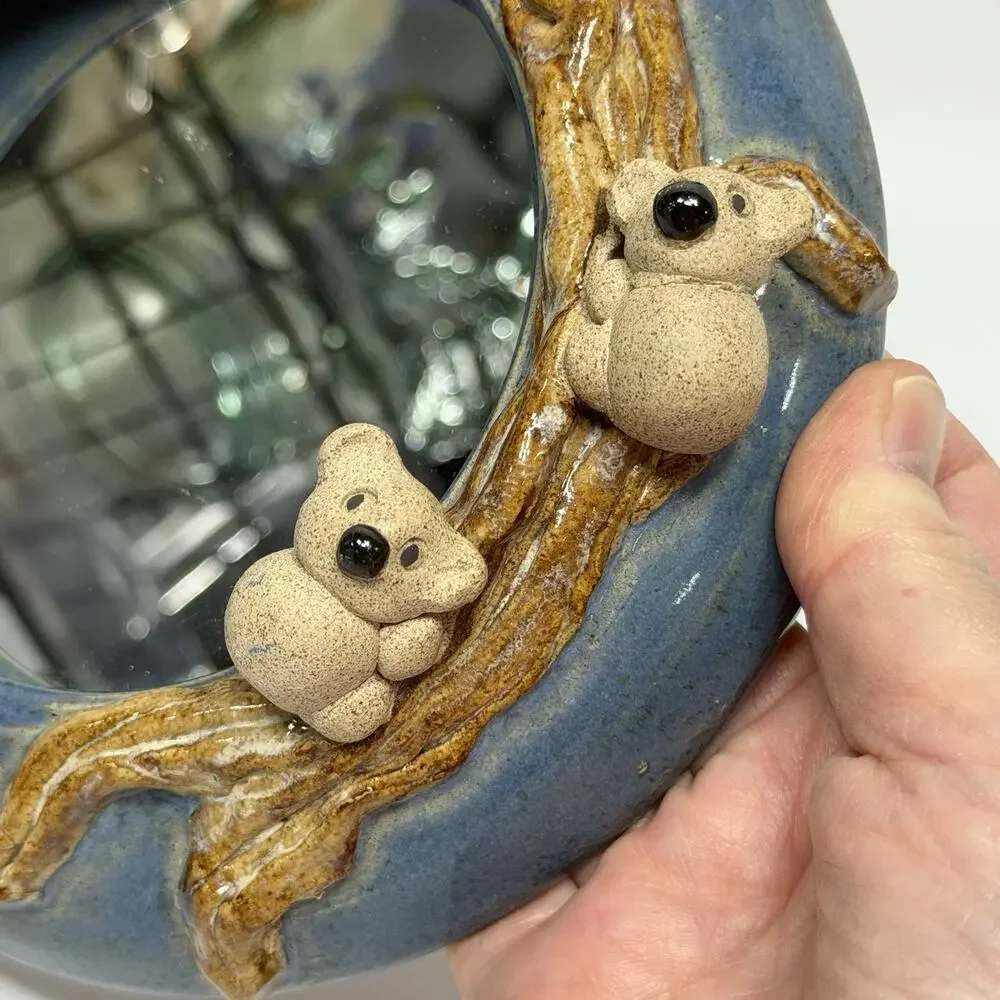 Small Studio Pottery Decorative Mirror 3D Sculpted Koalas on Branch Blue 7